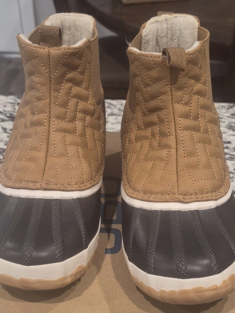 Womens Tan Quilted Duck Boot Chelsea Boots with Brown Toe - Picture 3 of 9
